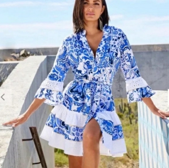 Boston Proper Dresses & Skirts - Boston Proper Positano Tile Print Tiered Linen Dress